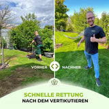 Geteiltes Bild: Links benutzt ein Mann den TerraUno Rasenretter  Vertikutiermix auf lückenhaftem Gras Vorher; rechts zeigt er den Daumen nach oben auf saftigem Gras Nachher. Text: Schnelle Rasenrettung dank effektivem Vertikutiermix von TerraUno.