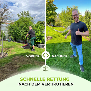 Geteiltes Bild: Links benutzt ein Mann den TerraUno Rasenretter  Vertikutiermix auf lückenhaftem Gras Vorher; rechts zeigt er den Daumen nach oben auf saftigem Gras Nachher. Text: Schnelle Rasenrettung dank effektivem Vertikutiermix von TerraUno.