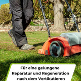 Eine Person benutzt einen orange-grauen Vertikutierer auf grünem Gras. Unten bietet der deutsche Text Tipps zur Rasenregeneration und empfiehlt TerraUno Rasenretter  Vertikutiermix Rasensamen nach dem Vertikutieren.