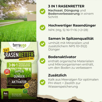 Eine Werbegrafik für TerraUno Rasenretter  Vertikutiermix mit der Verpackung auf der linken Seite und den Produktvorteilen - Rasensamen, Vertikutiermix und Dünger - auf der rechten Seite, perfekt für effektive Rasenregeneration und einen üppigen, gesunden Rasen.