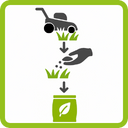 Das Symbol zeigt einen Rasenmäher, der das Gras mäht, eine Hand, die das Gras mit den Samen aufsammelt, und einen Pfeil, der auf einen Sack mit einem Blattsymbol zeigt, das für die Wiederverwertung oder Kompostierung von Gras steht.