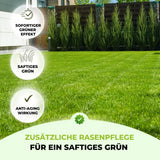 Ein gepflegter, grüner Rasen vor einem Haus mit hohen Sträuchern. Der deutsche Text hebt die zusätzliche Rasenpflege mit TerraUno Speed Rasendünger N24 / SSA hervor, der für sofortige Begrünung, satte Farbe und Anti-Aging-Effekte für Ihren Rasen sorgt.