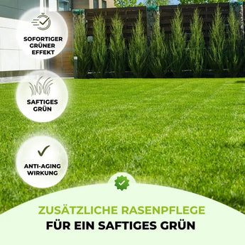 Ein gepflegter, grüner Rasen vor einem Haus mit hohen Sträuchern. Der deutsche Text hebt die zusätzliche Rasenpflege mit TerraUno Speed Rasendünger N24 / SSA hervor, der für sofortige Begrünung, satte Farbe und Anti-Aging-Effekte für Ihren Rasen sorgt.