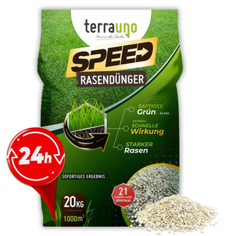 Ein 20-kg-Sack „TerraUno Speed Rasendünger N24 / SSA“ in grüner Verpackung mit Abbildungen von Gras und Granulat, der für eine schnelle Begrünung innerhalb von 24 Stunden entwickelt wurde. Dieser Stickstoffdünger von TerraUno eignet sich ideal für die schnelle Düngung von Rasenflächen bis zu 1000 m² und enthält 21 essentielle Nährstoffe für sofortige Ergebnisse.