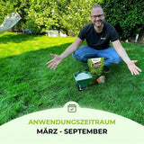 Eine lächelnde Person kniet auf einem grünen Rasen neben den Rasenpflegeprodukten „TerraUno Speed Rasendünger N24 / SSA“. Der Text unten lautet „ANWENDUNGSZEITRAUM MÄRZ – SEPTEMBER“ und gibt den Anwendungszeitraum von März bis September an.