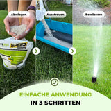 Umformulierter Satz: Drei Schritte zur Rasenpflege mit TerraUno Speed Rasendünger N24 / SSA: Das Granulat abwiegen, gleichmäßig ausbringen und den Rasen bewässern. Der deutsche Text erklärt, wie man den TerraUno Speed Rasendünger N24 / SSA effektiv einsetzt, wobei Bilder jeden Schritt auf einem saftig grünen Rasen veranschaulichen, um eine schnelle und effiziente Düngung zu gewährleisten.