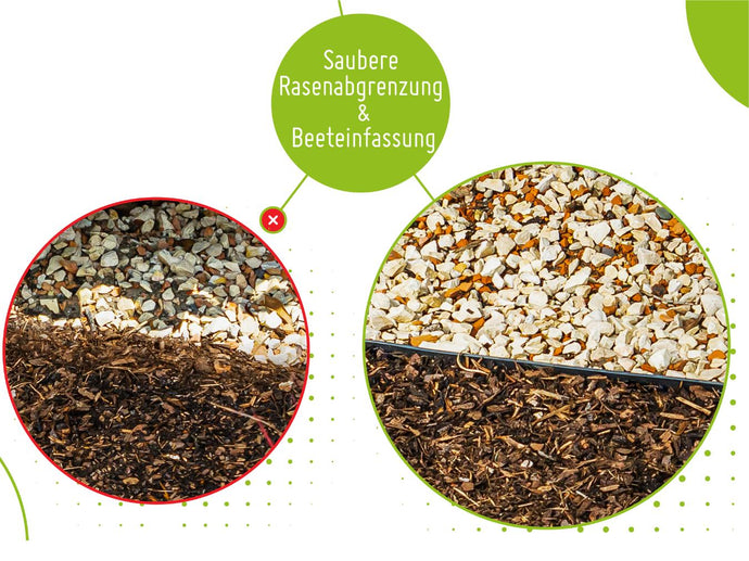 Zwei kreisförmige Bilder vergleichen Garteneinfassungen: Das linke zeigt Mulch und Kies, die ungetrennt ineinander übergehen, während das rechte eine saubere Grenze zeigt, die Mulch und Ziersteine voneinander trennt. Der Text darüber lautet: Saubere Rasenabgrenzung  Beeteinfassung.