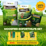 Werbebild für das TerraUno Moosfrei Soforthilfe Set: enthält 3 Rasenpflegeprodukte zur effektiven Moosbekämpfung und 3 kostenlose Bonusartikel. Mit dem Aufkleber "20 Rabatt" und einem gelben Banner mit dem Hinweis auf die kostenlose DHL-Lieferung.
