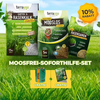 Drei TerraUno Moosfrei Soforthilfe Set Produkte - Kalk, Moosentferner und Dünger - stehen auf dem Rasen. Ein gelbes 10-Rabatt-Badge ist sichtbar. Es gibt zwei Gratisgeschenke: Rasensamen und ein Magazin.