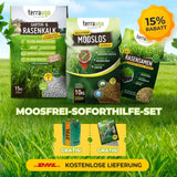 Drei grüne TerraUno Moosfrei Soforthilfe Set Produkte sind mit Etiketten abgebildet. Hervorgehoben sind 15 Rabatt, Gratisgeschenke und die kostenlose Lieferung mit DHL. Der Hintergrund zeigt Gras und ein Sommermotiv.