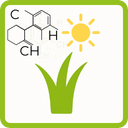 Ein grünes Grassymbol mit einer darüber scheinenden Sonne und einer chemischen Struktur mit den Bezeichnungen "C", "CH" und "H" in der oberen linken Ecke, alles innerhalb eines grün umrandeten Quadrats.