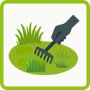 Illustration einer Hand, die eine Harke hält und Gras und Unkraut auf einem grünen Fleck Erde entfernt, umrandet von einem grünen quadratischen Umriss.