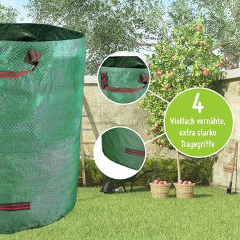 Ein TerraUno Gartensack Set 272 l oder 500 l steht auf dem Rasen neben einem Apfelbaum, gefüllt mit Äpfeln. Eine Sprechblase hebt die starken, rot verstärkten Tragegriffe des Laubsacks hervor.