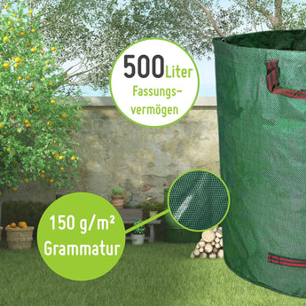Ein großer grüner TerraUno Gartensack Set 500 l steht im Freien neben einem Zitronenbaum und Brennholz. Mit seinen roten Griffen und dem starken 150 g/m² Material ist er ein idealer, stabiler Gartensack für jede Gartenaufräumaktion.