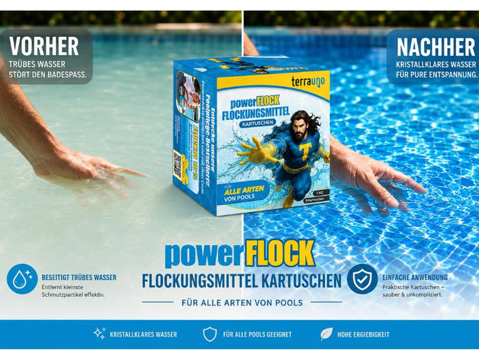 Ein geteiltes Bild zeigt links eine Hand, die trübes Poolwasser hält Vorher, und rechts eine Hand, die klares Wasser hält Nachher. In der Mitte ist eine blaue Verpackung des Terraneo powerFLOCK-Poolklärmittels zu sehen. Der Text hebt dessen Vorteile und die einfache Anwendung hervor.