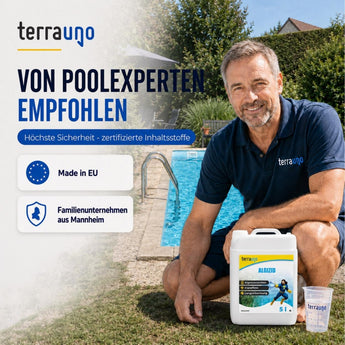 Ein lächelnder Mann kniet am Pool im Garten und hält einen Becher sowie einen 5-Liter-Behälter mit „TerraUno Algizid mit Klareffekt“ in der Hand. Der Text hebt die Empfehlung von Pool-Experten, die wirksame Algenbekämpfung, die Herkunft aus der EU sowie das Mannheimer Familienunternehmen hervor, das hinter dem Produkt steht.