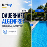 Geteiltes Bild eines Schwimmbeckens: Auf der linken Seite ist grünes, algenreiches Wasser mit der Beschriftung „OHNE“ zu sehen, auf der rechten Seite klares, blaues Wasser mit der Beschriftung „MIT“. Der Text hebt die lang anhaltende, algenfreie Wirkung und das kristallklare Wasser dank TerraUno Algizid mit Klareffekt hervor – eine wirksame Algenbekämpfung im Schwimmbecken ganz ohne Chlor und mit einem hochwertigen Algizid.