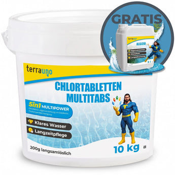 Ein weißer 10-kg-Eimer „TerraUno Chlortabletten 5 in 1“ für Schwimmbäder mit blau-gelber Beschriftung und einem Superhelden-Maskottchen auf der Vorderseite. Ein runder „Gratis“-Aufkleber weist auf eine beiliegende Flasche Algizid hin.