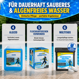 Infografik zum TerraUno Anti-Grün-Set zur effektiven Algenbekämpfung im Pool mit Produktdetails und Poolhintergrund unter einem blau-gelben "Dauersauber"-Banner.
