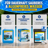 Infografik zur Poolpflege in 3 Schritten: TerraUno Anti-Grün-Set zur Algenbekämpfung, Schmutzbindung und Langzeitsauberkeit. Jedes Produkt erscheint vor einem blauen Wasserhintergrund mit Sonnenstrahlen.