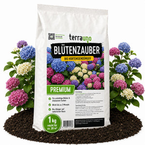 Blütenzauber BIO Hortensiendünger 1 kg von TerraUno – organischer Spezialdünger für prächtige Hortensienblüten