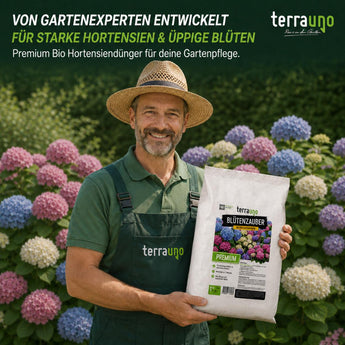 Premium BIO Hortensiendünger Blütenzauber von TerraUno – von Gartenexperten entwickelt