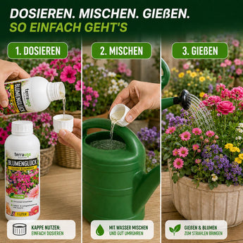 Blumenglück Anwendung: dosieren, mit Wasser mischen, gießen