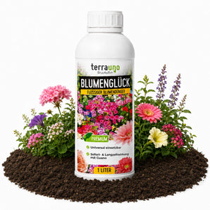 Blumenglück flüssiger Blumendünger 1 Liter von TerraUno – Sofort- & Langzeitwirkung mit Guano für prächtige Blüten