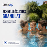 Eine lächelnde dreiköpfige Familie genießt an einem sonnigen Tag das Schwimmen im Pool im eigenen Garten; ein deutscher Text wirbt für TerraUno Chlorgranulat mit Aktivchlor für strahlend sauberes Poolwasser.