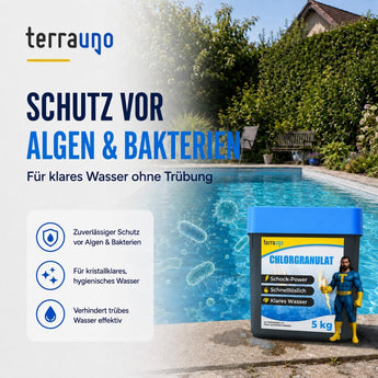 Eine Werbung für TerraUno Chlorgranulat am Pool, auf der der Produktbehälter zusammen mit einer Superheldenfigur zu sehen ist. Der Text hebt den Schutz vor Algen und Bakterien hervor und verspricht dank des hochwirksamen aktiven Chlors klares und hygienisches Poolwasser.