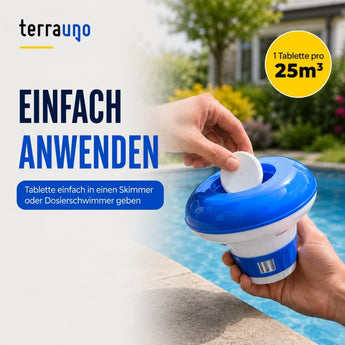 Eine Person legt eine weiße „TerraUno Chlortabletten 5 in 1 – 200 g Multitab zur Langzeitpflege“ in einen blauen Poolspender. Ein deutscher Text erklärt die einfache Anwendung zur Behandlung von 25 m³ Wasser, wodurch die Poolpflege einfach und effizient wird. Im Hintergrund sind ein Pool und üppiges Grün zu sehen.