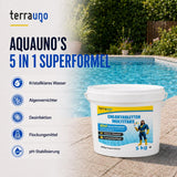 Ein weißer 5-kg-Behälter mit TerraUno Chlortabletten 5 in 1 – 200 g für Pools – Multitabs zur Langzeitpflege wird im Außenbereich ausgestellt und ist mit Symbolen und Texten versehen, die Vorteile wie klares Wasser, Algenbekämpfung, Desinfektion, Flockung und pH-Stabilisierung hervorheben – damit wird die Poolpflege mit diesen praktischen Multitabs einfach und effektiv.