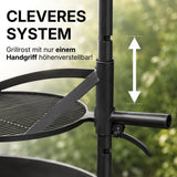Höhenverstellbarer Schwenk-Grillrost der Montana X, mit einem Handgriff verstellbar