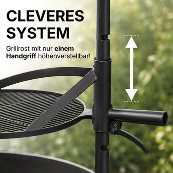 Höhenverstellbarer Schwenk-Grillrost der Montana X, mit einem Handgriff verstellbar