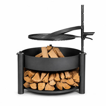 CookKing Feuerschale Montana X aus Stahl mit integriertem Holzlager und höhenverstellbarem Schwenk-Grillrost