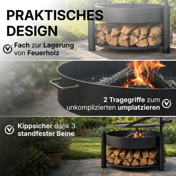 Montana X: Fach zur Lagerung von Feuerholz, Tragegriffe und kippsicherer Stand