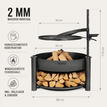 Maße der Montana X: Ø 80 cm Schale, 110 cm Höhe, Grillrost Ø 60 cm, 2 mm Rohstahl, inkl. Holzlager & Zubehör