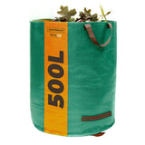 Der TerraUno Gartensack Set 272 l oder 500 l ist ein großer grüner Sack mit stabilen Griffen und auffälliger gelb-schwarzer Beschriftung - perfekt für die Gartenpflege und stabil genug für Laub und Gartenabfälle.
