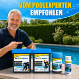 Ein lächelnder Mann mit grauen Haaren zeigt am Pool den Daumen nach oben, neben vier Produkten aus dem „Terrauno Pool-SOS: Anti-Grün  Trüb“-Set. Der deutsche Text darüber lautet: „Vom Poolexperten empfohlen“. Ideal für Ihre Poolpflege: Mit dem Terrauno Pool-SOS: Anti-Grün  Trüb-Set lässt sich der pH-Wert des Poolwassers optimal regulieren.
