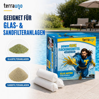 Eine Packung TerraUno Mini-Chlortabletten – Multitabs 5in1 | 20 g ist neben einem Pool abgebildet, wobei sowohl Glas- als auch Sandfiltersysteme dargestellt sind und im Vordergrund drei weiße Filterpatronen zu sehen sind. Der Text weist darauf hin, dass diese Chlortabletten für beide Filtertypen geeignet sind. Sie eignen sich ideal als Teil Ihrer umfassenden 5-in-1-Poolpflege und sorgen in Kombination mit Produkten wie dem Flockungsmittel powerFLOCK dafür, dass Ihr Wasser kristallklar bleibt.