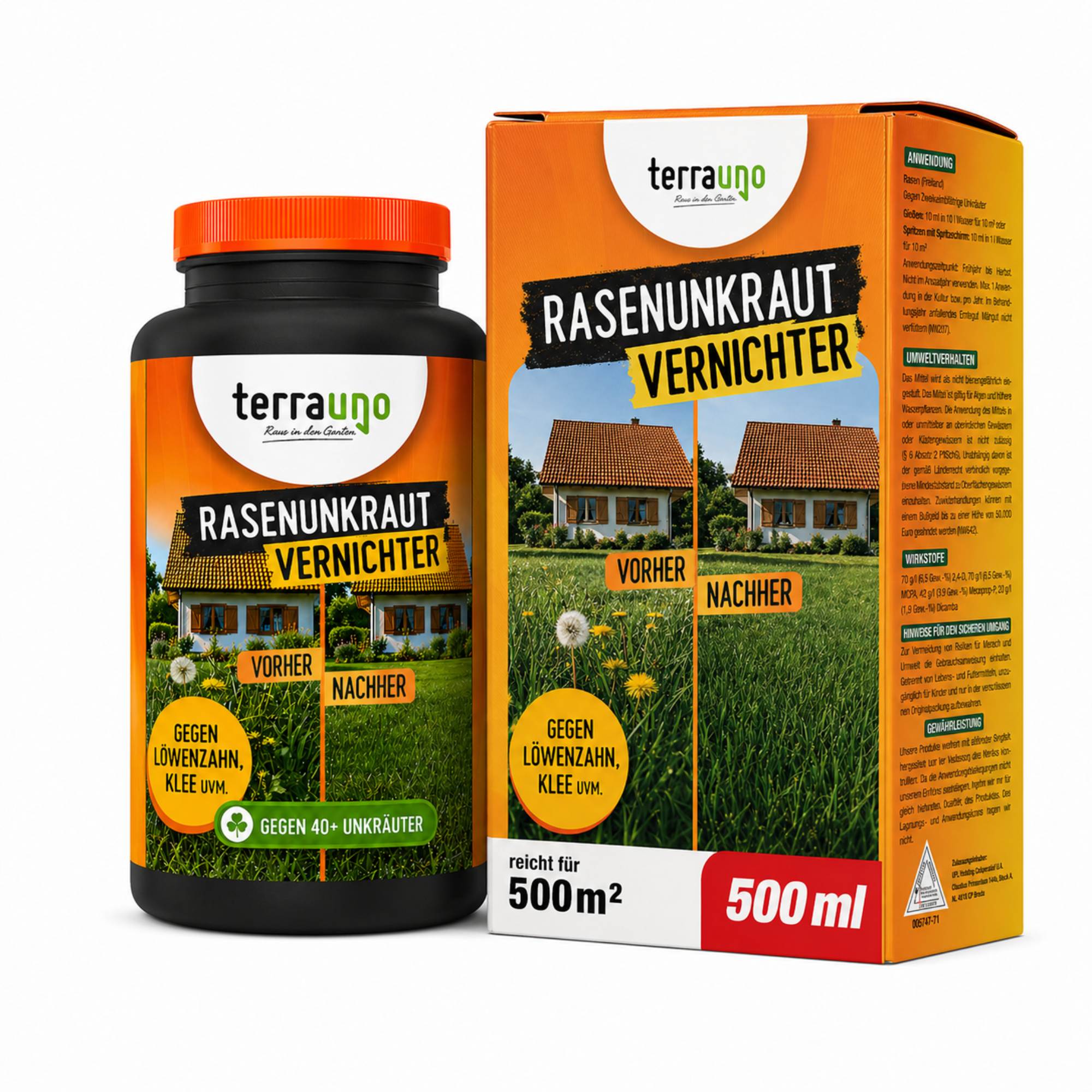 Eine Flasche und eine Schachtel TerraUno Flüssiger Unkrautvernichter mit orangefarbener und grüner Verpackung mit Abbildungen von Löwenzahn und einem Haus; auf dem Etikett steht 500 ml für 500 m². Die Illustration vergleicht einen Rasen vor und nach der Anwendung.