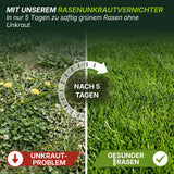 Ein Vergleichsbild zeigt einen in zwei Hälften geteilten Rasen: Der linke, mit "Unkraut-Problem" beschriftete Rasen ist verunkrautet, der rechte, mit "Gesunder Rasen" beschriftet, ist üppig und grün. Eine Zeitschaltuhr zeigt "Nach 5 Tagen" nach der Behandlung mit TerraUno Flüssiger Unkrautvernichter an.