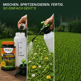 Eine Schritt-für-Schritt-Anleitung zeigt, wie man TerraUno Flüssiger Unkrautvernichter mit Wasser in eine Sprühflasche gibt, auf Löwenzahn sprüht und einen üppigen, unkrautfreien Rasen erhält. Der deutsche Text erklärt den einfachen Vorgang.