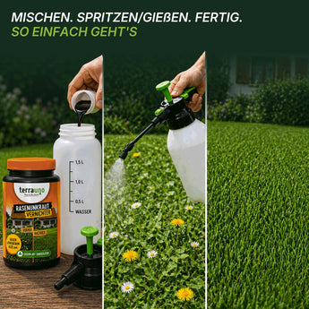 Eine Schritt-für-Schritt-Anleitung zeigt, wie man TerraUno Flüssiger Unkrautvernichter mit Wasser in eine Sprühflasche gibt, auf Löwenzahn sprüht und einen üppigen, unkrautfreien Rasen erhält. Der deutsche Text erklärt den einfachen Vorgang.