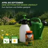 Eine Flasche TerraUno Flüssiger Unkrautvernichter, eine grüne Gießkanne und eine Sprühflasche stehen im Gras. Im Text steht, dass diese Produkte am besten von April bis September verwendet werden. Icons: Gänseblümchen für April und Sonne für September.