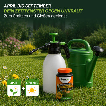 Eine Flasche TerraUno Flüssiger Unkrautvernichter, eine grüne Gießkanne und eine Sprühflasche stehen im Gras. Im Text steht, dass diese Produkte am besten von April bis September verwendet werden. Icons: Gänseblümchen für April und Sonne für September.