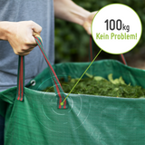 Eine Person hält die Griffe eines TerraUno Gartensacks Set 272 l oder 500 l, gefüllt mit Laub. Ein Kreis mit der Aufschrift "100 kg Kein Problem" zeigt, dass dieser Laubsack bis zu 100 kg fassen kann.