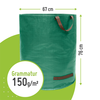 Ein grüner TerraUno Gartensack Set in den Größen 272 l oder 500 l mit roten Griffen, 67 cm breit und 76 cm hoch. Der Bildtext hebt das stabile Materialgewicht von 150 g/m² hervor.