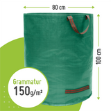 Großer grüner TerraUno Gartensack Set 272 l oder 500 l, stabil mit rot gestreiften Griffen, 80 cm Durchmesser x 100 cm Höhe. Strapazierfähige Materialdichte von 150 g/m² - hervorgehoben durch Größe und Stärke.
