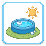 Icon Pool richtig chloren: Pool mit Dosierschwimmer auf dem Wasser und Messlöffel für Chlorgranulat daneben